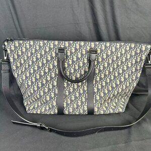 Christian Dior Oblique Canvas 48H Travel Duffle Bag Navy Blue with Shoulder Stra